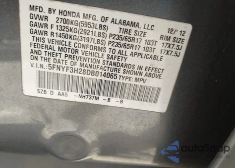 2013 Honda Pilot Lx из США, поврежденный, VIN 5FNYF3H28DB014065